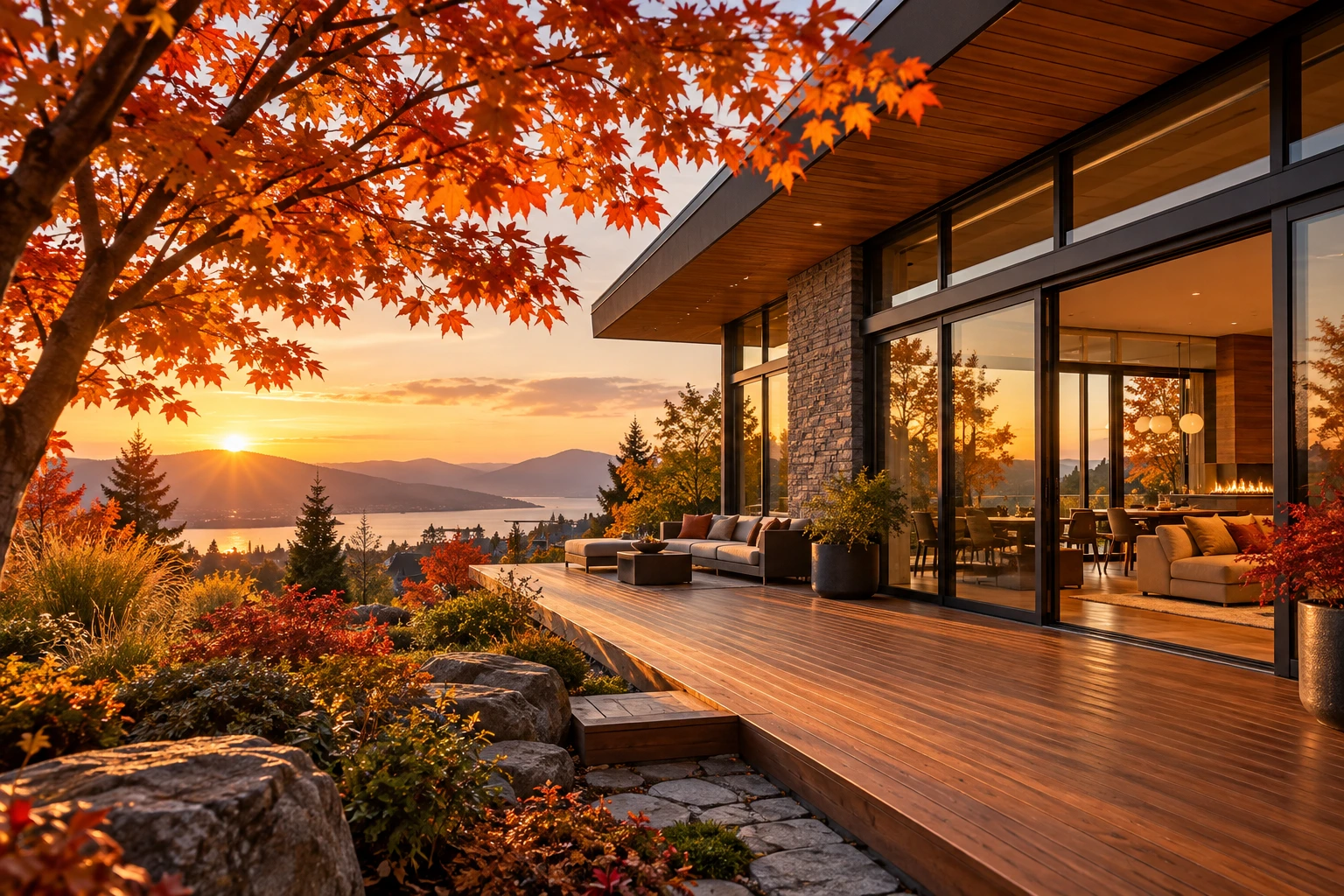 Modernes Haus mit beleuchteter Terrasse und herbstlichem Baum