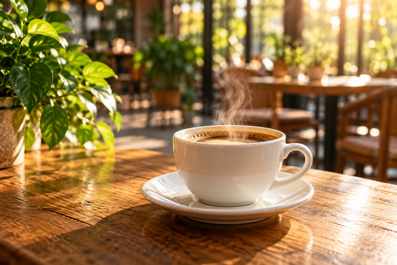 Eine Tasse Kaffee im warmen Sonnenlicht neben grünen Pflanzen