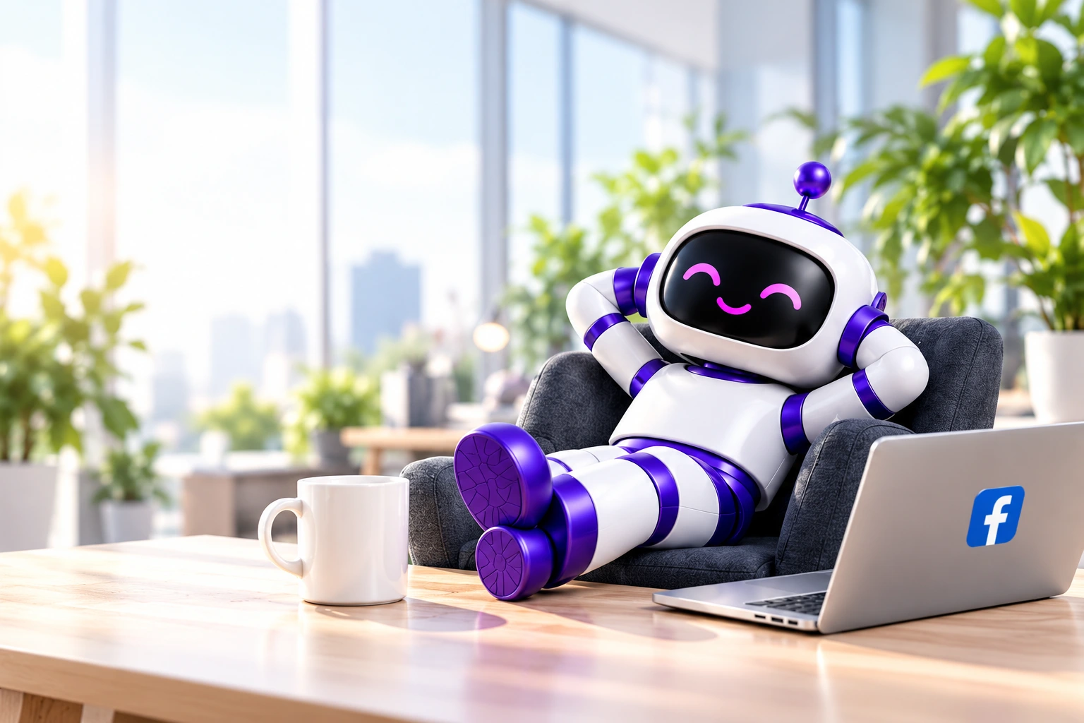 Ein freundlicher weiß-violetter Marketing-Roboter entspannt im Sessel neben seinem Facebook-Laptop