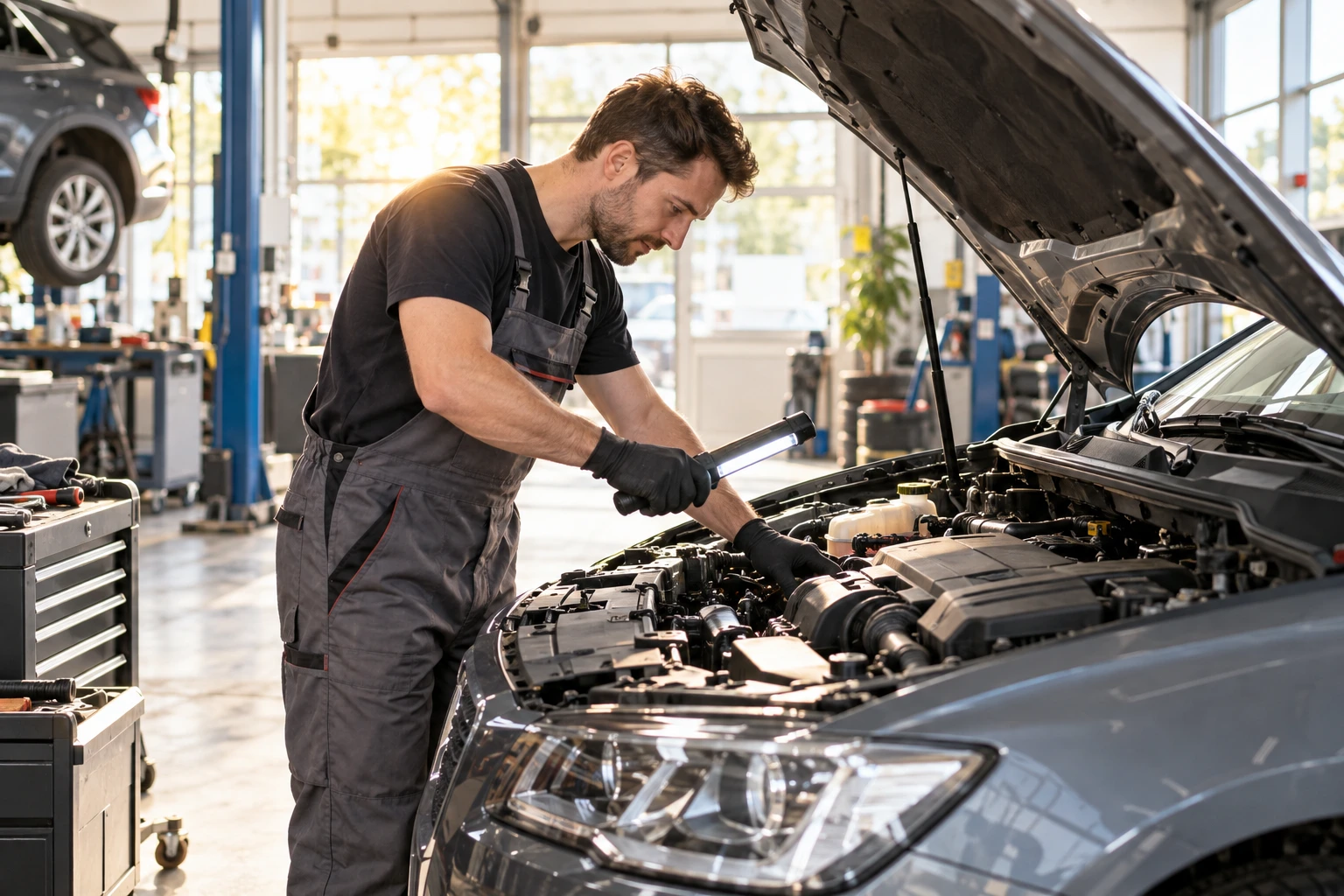 Ein Mechaniker prüft ein Fahrzeug in einer modernen Werkstatt