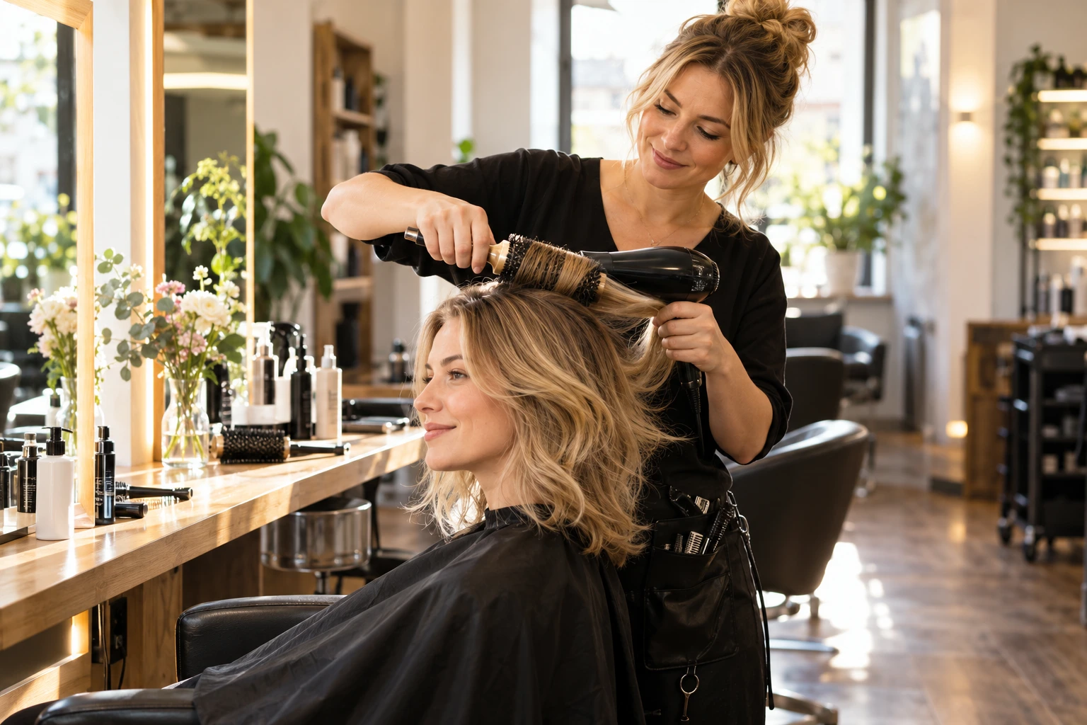 Eine Friseurin betreut eine Kundin in einem hellen Salon