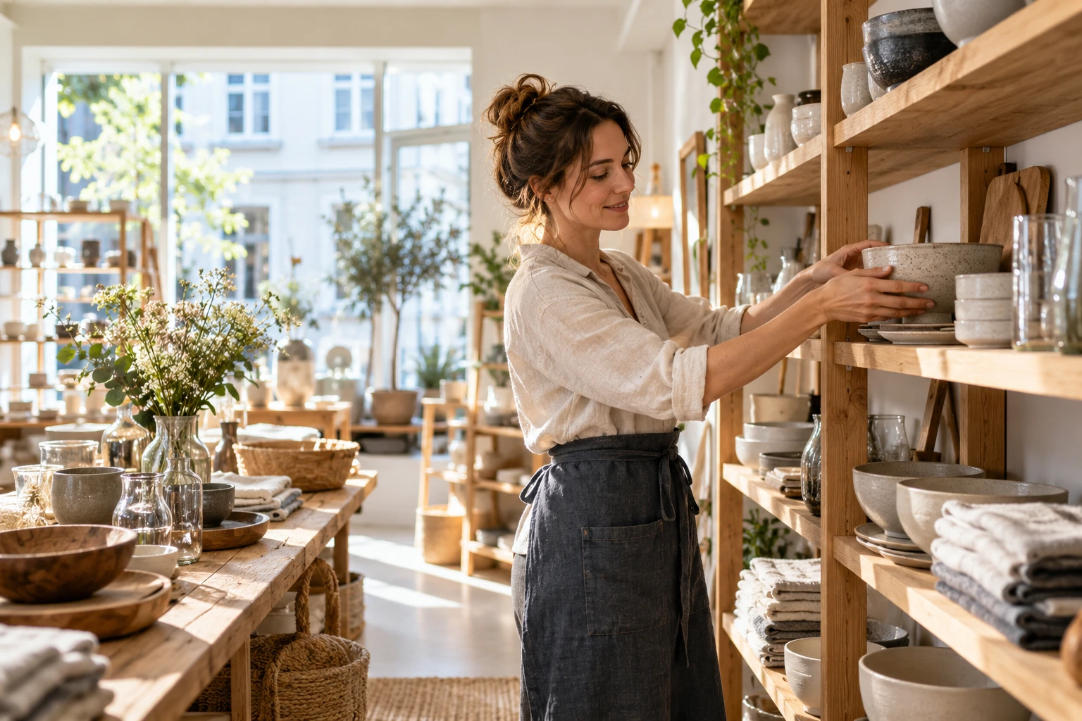 Eine Ladeninhaberin arrangiert Produkte in einem modernen Fachgeschäft