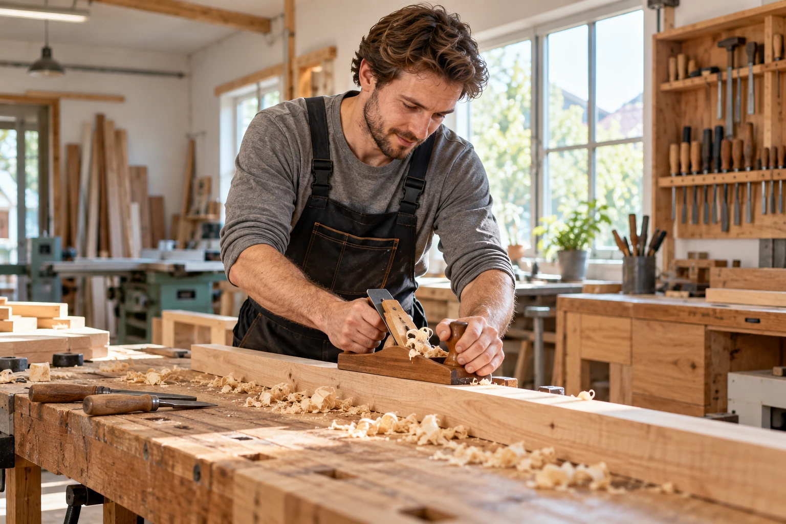 Ein Handwerker arbeitet mit Holz in einer hellen Werkstatt