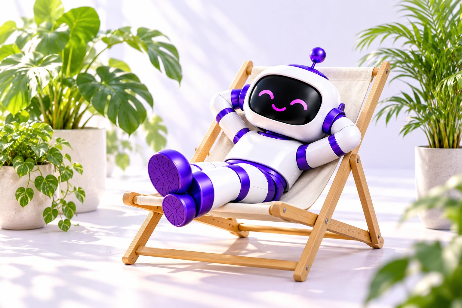 Ein entspannter Marketing-Roboter im Liegestuhl