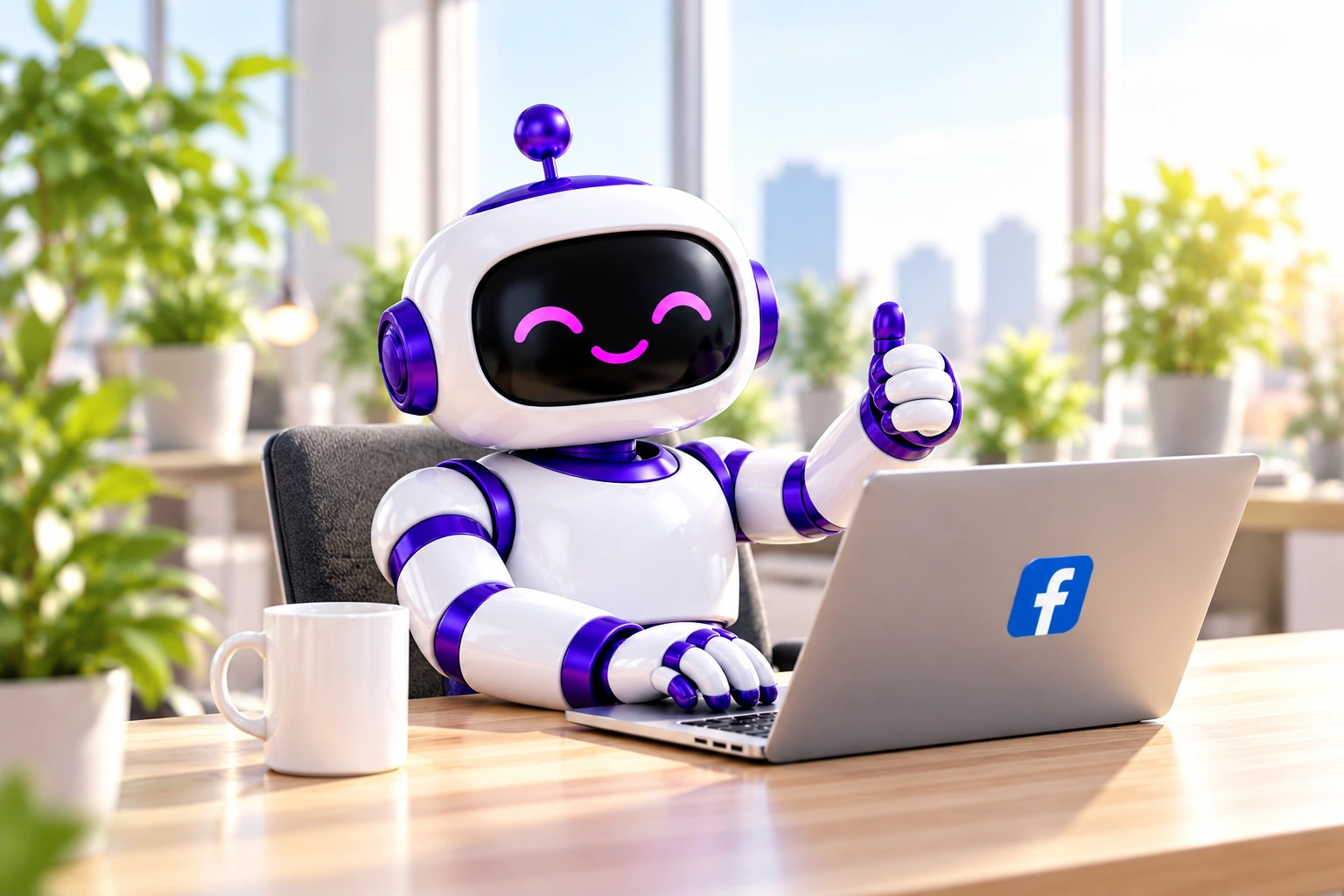 Der Marketing-Roboter arbeitet am Laptop und zeigt einen Daumen nach oben